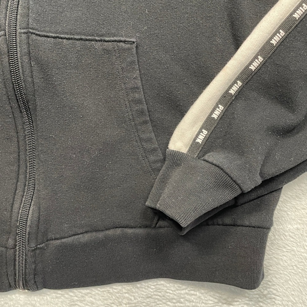 PINK Victoria's Secret Zip Hoodie Women Medium Black Sherpa Hood white Stripe - Picture 2 of 11